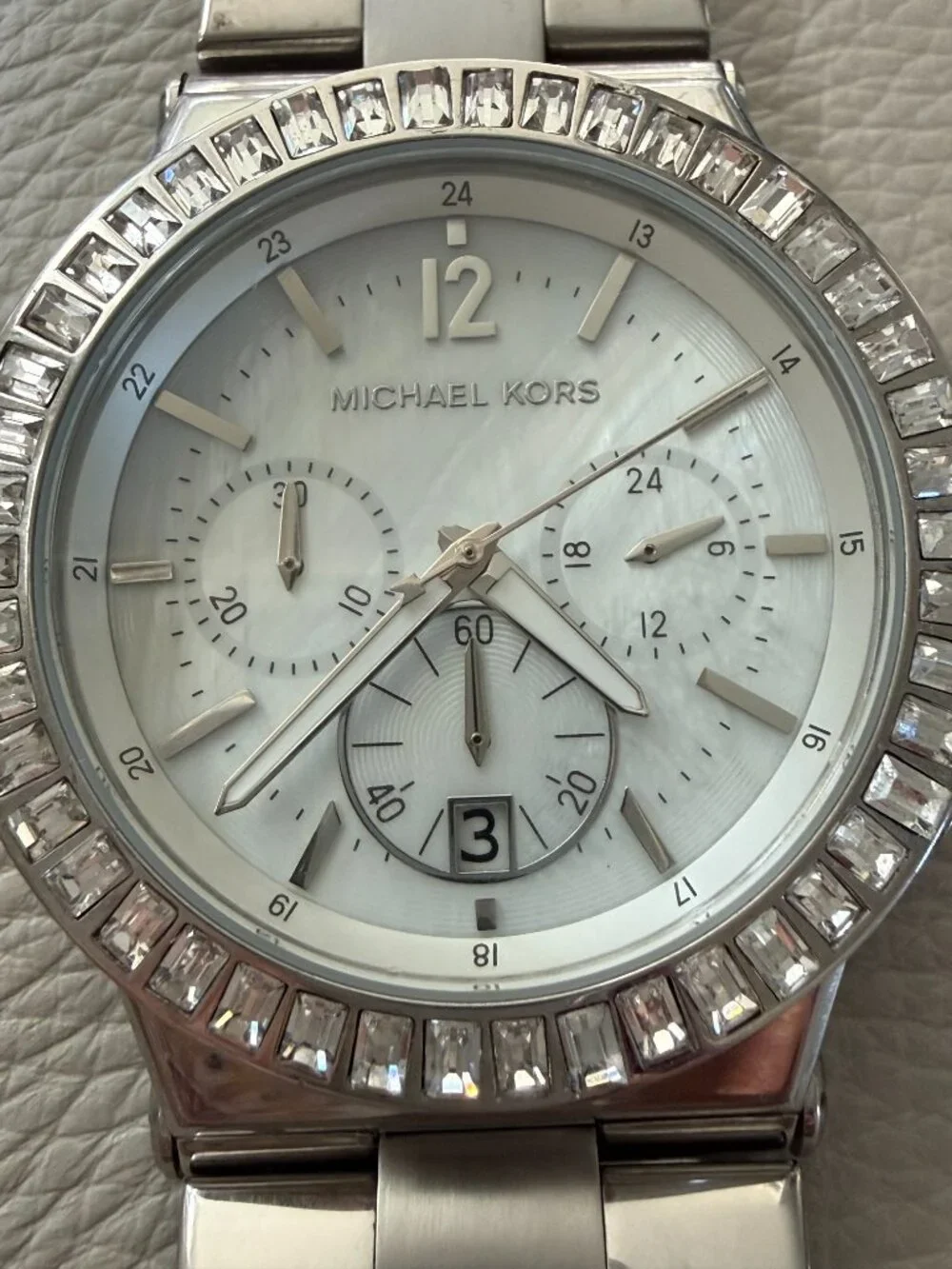 Michael Kors MK5411 Dylan Crystal Bezel Mother of Pearl Silver Chronograph Watch